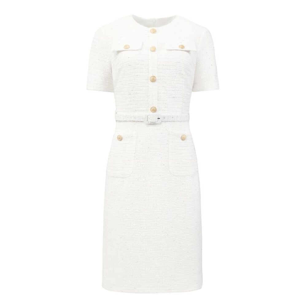 Women's Tweed Sheath Dress Belted Short Sleeve Work Pencil Dress Beige White